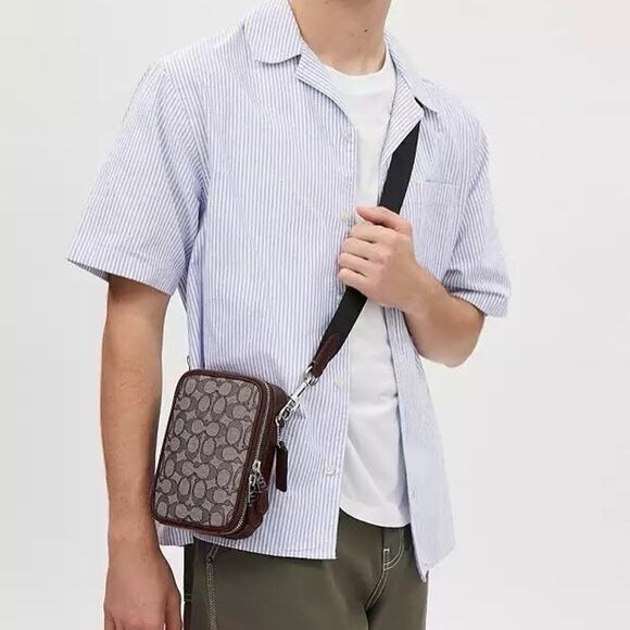 NWT Coach Men's Stanton Crossbody In Signature Jacquard Silver/Oak/Maple CH097 - Picture 7 of 9